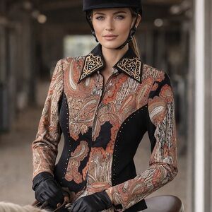 Hobby Horse Show Shirt Zip Front Women's size Small Orange Black Paisley EUC